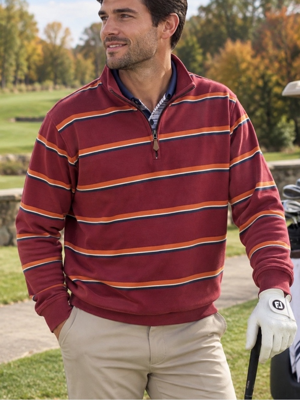 Vintage 90s BOCA CLASSICS Mens Quarter Zip Golf Sweatshirt Burgundy Stripe Large